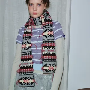 Vintage Fair Isle knitted scarf with geometric patterns and fringe detail in red and black