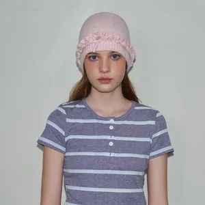 Designer Cute Bow Wool Blend Knit Hat For Women Winter Warm Pleated Ruffle Solid Color Beanie Fashion Headwear Accessory