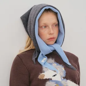 Knitted wool triangle scarf wrap with grey and blue contrast colors for women