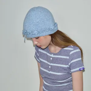 Chic light blue wool blend knit beanie with ruffled edges and soft texture for women