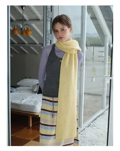 Detailed texture of thick yellow knit scarf paired with stylish wool autumn layers