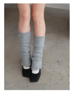 Detailed texture of grey knit leg warmers in wool blend with ribbed ballet core style