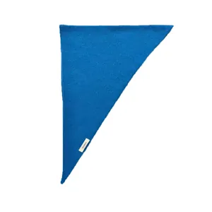 Bright blue 100% wool knitted triangle scarf with texture and white material tag