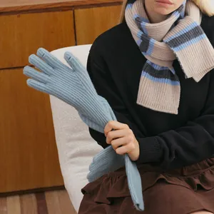 Soft light blue wool blend knitted touch screen gloves for women in winter style
