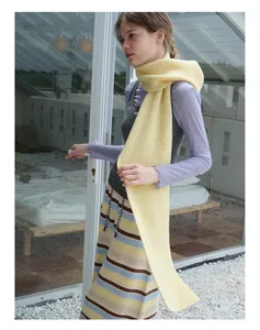 Detailed close-up showing the yellow wool blend knit texture and vertical ribbing on scarf