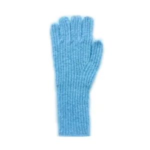 Light blue wool blend rib-knit touch screen gloves for women with long wrist cuffs