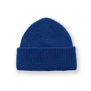 Classic dark blue alpaca wool blend beanie with soft ribbed knit and a fold-over cuff design