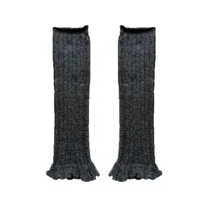 Dark grey wool blend knit leg warmers with ribbed texture and ruffled ballet style edges