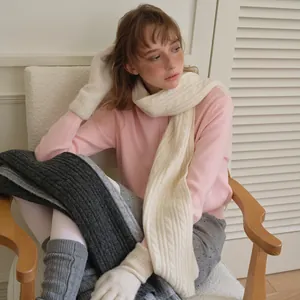 Winter set with cream cable knit wool blend scarf, pink cardigan and matching warmers