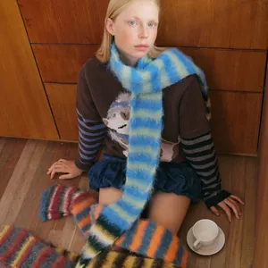 Dames Kleurblok Gestreepte Gebreide Sjaal Zacht Warm Acryl Niche Smal Retro Lange Nekwarmer Voor Herfst Winter Dagelijks Gebruik