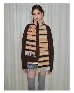 Detail shot of striped wool blend scarf with fringe tassels and soft knit texture