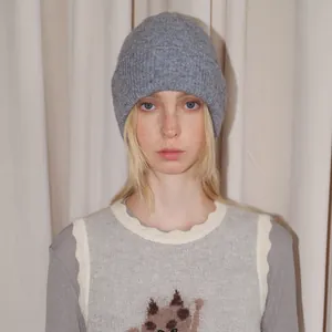 Soft grey yak hair blend knit beanie hat and patchwork cat pattern knitted vest for autumn