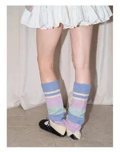 Macro shot of striped wool blend leg warmers in pastel colors with knitted texture