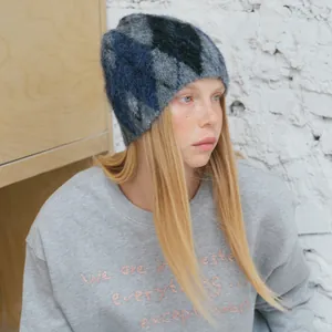 Argyle Pattern Knitted Beanie Hat For Women Winter Warm Wool Blend Beanie Classic Vintage Style Unisex Skull Cap Accessory