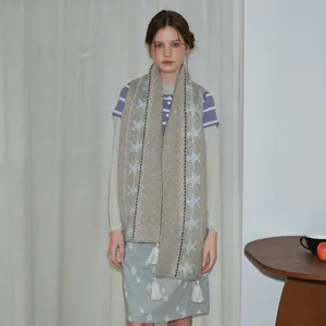 Winter wool blend Fair Isle scarf with star patterns and fringe for men and women