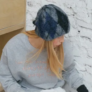 Diamond pattern wool blend knit beanie hat for women in blue and grey streetwear style