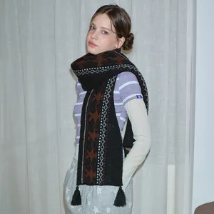 Thick wool blend Fair Isle knit scarf with geometric patterns and tassels for winter