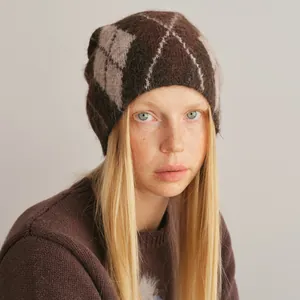 Brown argyle knit beanie in wool blend with fuzzy texture for autumn and winter