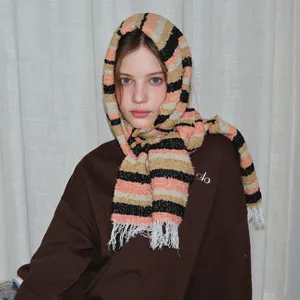 Japanese Vintage Wool Blend Striped Tassel Scarf For Women Winter Warm Soft Knitted Long Neck Warmer Scarf