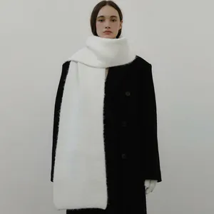 Thick solid white wool blend knit scarf for women in an elegant long minimalist style
