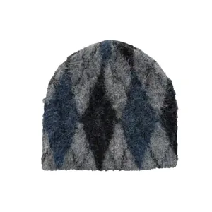 Classic argyle knit beanie with fluffy wool blend texture in grey and navy blue