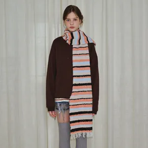 Colorful striped wool blend tassel scarf worn by model in a cozy winter style
