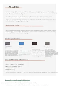Detailed chart showing 100% wool knit glove dimensions 29x8cm and washing care guide
