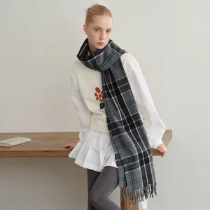Wool Blend Plaid Scarf For Women Men Classic Gray Checked Winter Warm Scarf With Tassel Minimalist Unisex Woven Long Scarf Neck Warmer
