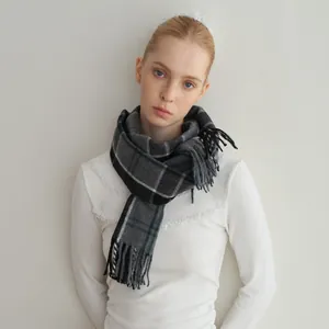 Classic grey plaid wool blend scarf with fringe edges for winter, unisex minimalist style