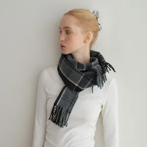 Classic grey plaid wool blend scarf with tassel fringe for autumn and winter warmth