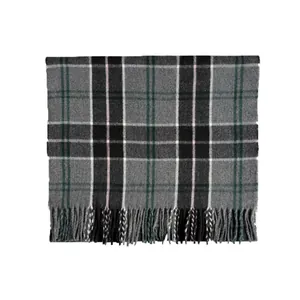 Classic grey plaid wool blend scarf with fringe edges and subtle multi-color stripes