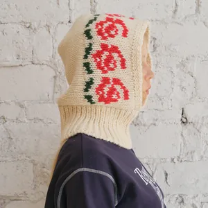 Women Vintage Wool Blend Knit Balaclava Hooded Neck Warmer With Rose Floral Jacquard Winter Warm Windproof Fashion Headwear