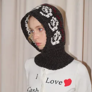 Winter wool blend balaclava with floral jacquard pattern in charcoal gray and red
