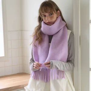Thick lavender purple alpaca wool blend scarf for women with long fringe tassels