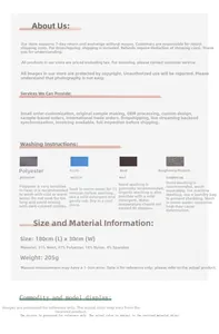 Detailed size chart and 30% wool blend material composition for the knit scarf