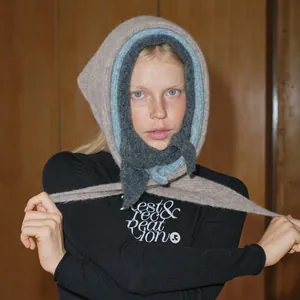 Three-layer knitted balaclava scarf in beige, blue and grey with plush wool texture