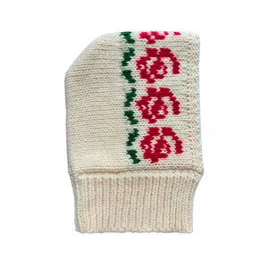 Knitted wool blend Balaclava hat with floral rose jacquard pattern in off-white