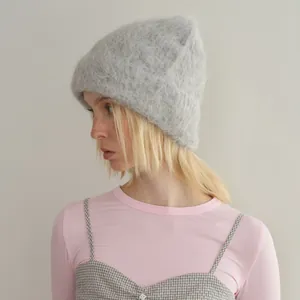 Soft light grey alpaca wool knit beanie for women featuring a fuzzy plush texture