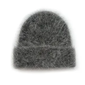 Fluffy dark grey alpaca wool knit beanie hat with soft long hair texture for women