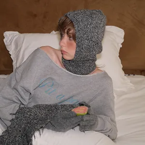 Pasamontañas Vintage de Mezcla de Lana Jaspeada para Mujer Gorro de Invierno Suave de Punto Acanalado Calentador de Cuello