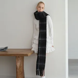 Retro Plaid Wool Blend Scarf For Women Winter Thick Long Checkered Neck Warmer With Tassels Soft Warm Elegant Wrap Scarf