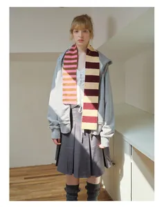 Close-up of color-block striped Merino wool scarf in Japanese retro preppy style