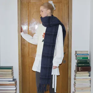 Classic dark blue plaid wool blend scarf with fringe tassels for women winter style