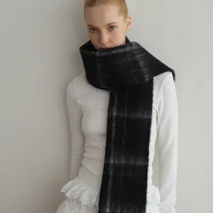 Winter wool blend scarf with classic black and grey plaid pattern for women