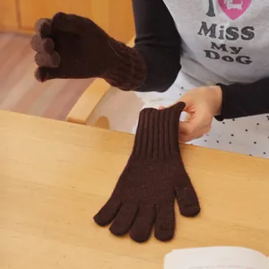 100% wool knitted five-finger touchscreen gloves for women in deep brown color