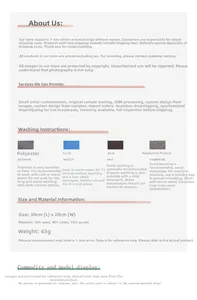 Detailed material specifications and washing instructions for the striped knit wool snood