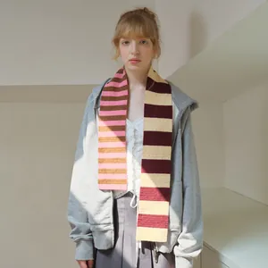 100% Merino Wool Spliced Striped Scarf Women Winter Knitted Long Warm Narrow Neck Wrap Vintage Preppy Style Accessories