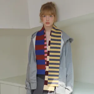 Striped 100% merino wool knitted scarf for women with elegant multicolor patchwork design