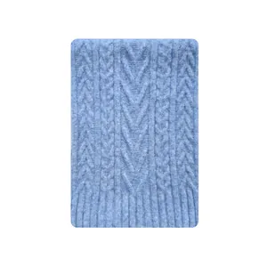 Sky blue wool blend knit scarf featuring classic cable knit texture and ribbed hem detail