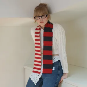 Striped merino wool scarf with red-white and red-black color block preppy style